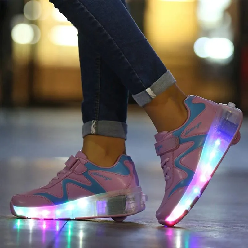 29 Rechargeable Led Roller Skates - Pink Ultra Light Double Wheel