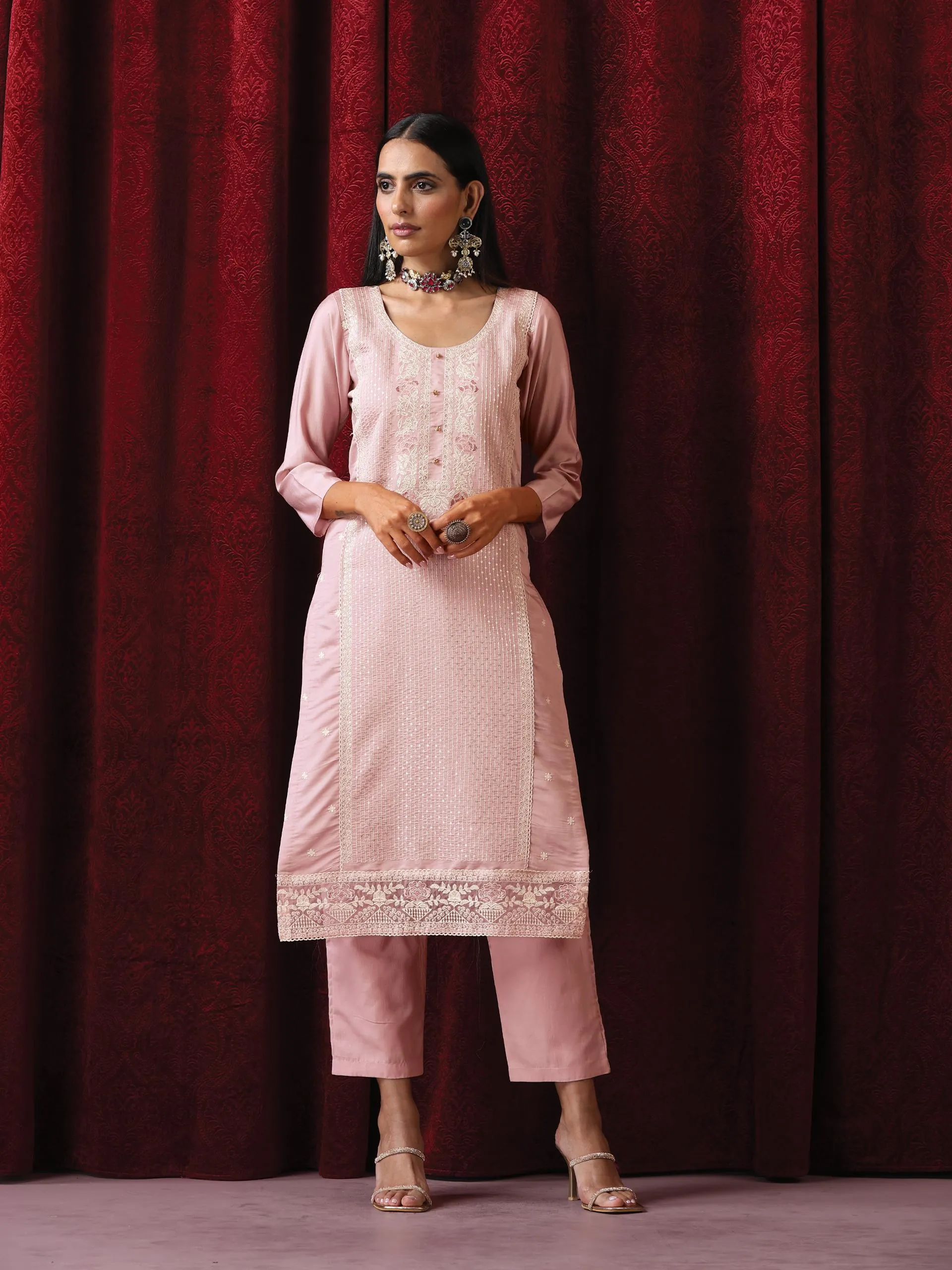 3 Pc Suit - Pink Cotton Silk Embroidered Kurta with Cotton Pant and Chanderi Embroidered Dupatta