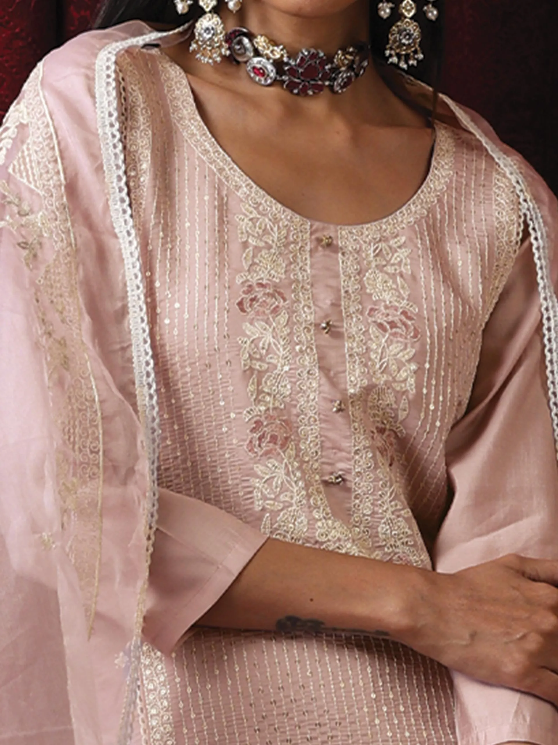 3 Pc Suit - Pink Cotton Silk Embroidered Kurta with Cotton Pant and Chanderi Embroidered Dupatta