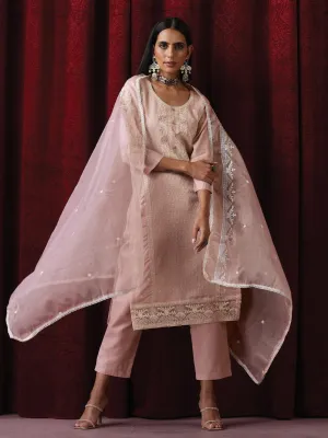 3 Pc Suit - Pink Cotton Silk Embroidered Kurta with Cotton Pant and Chanderi Embroidered Dupatta
