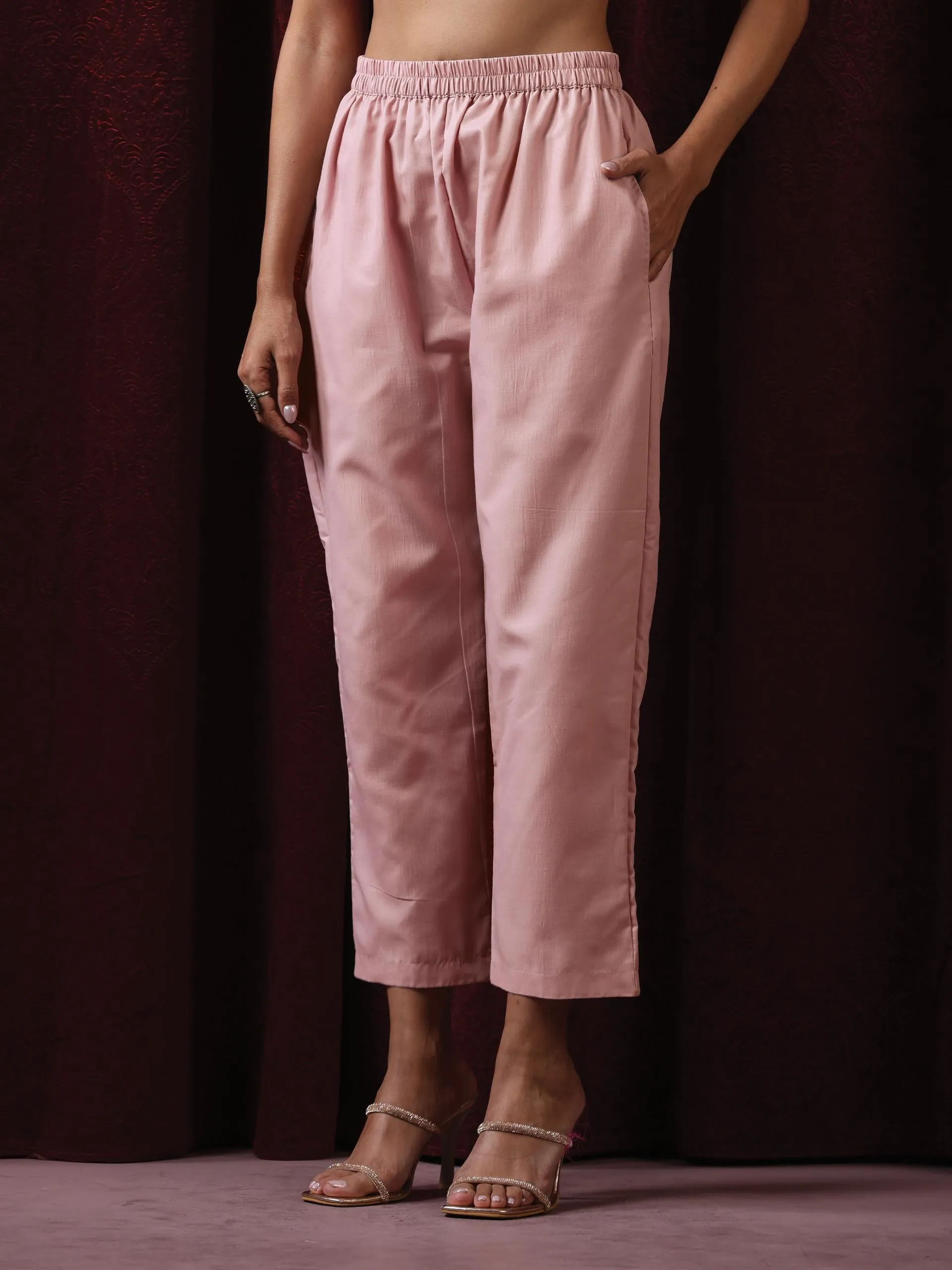 3 Pc Suit - Pink Cotton Silk Embroidered Kurta with Cotton Pant and Chanderi Embroidered Dupatta