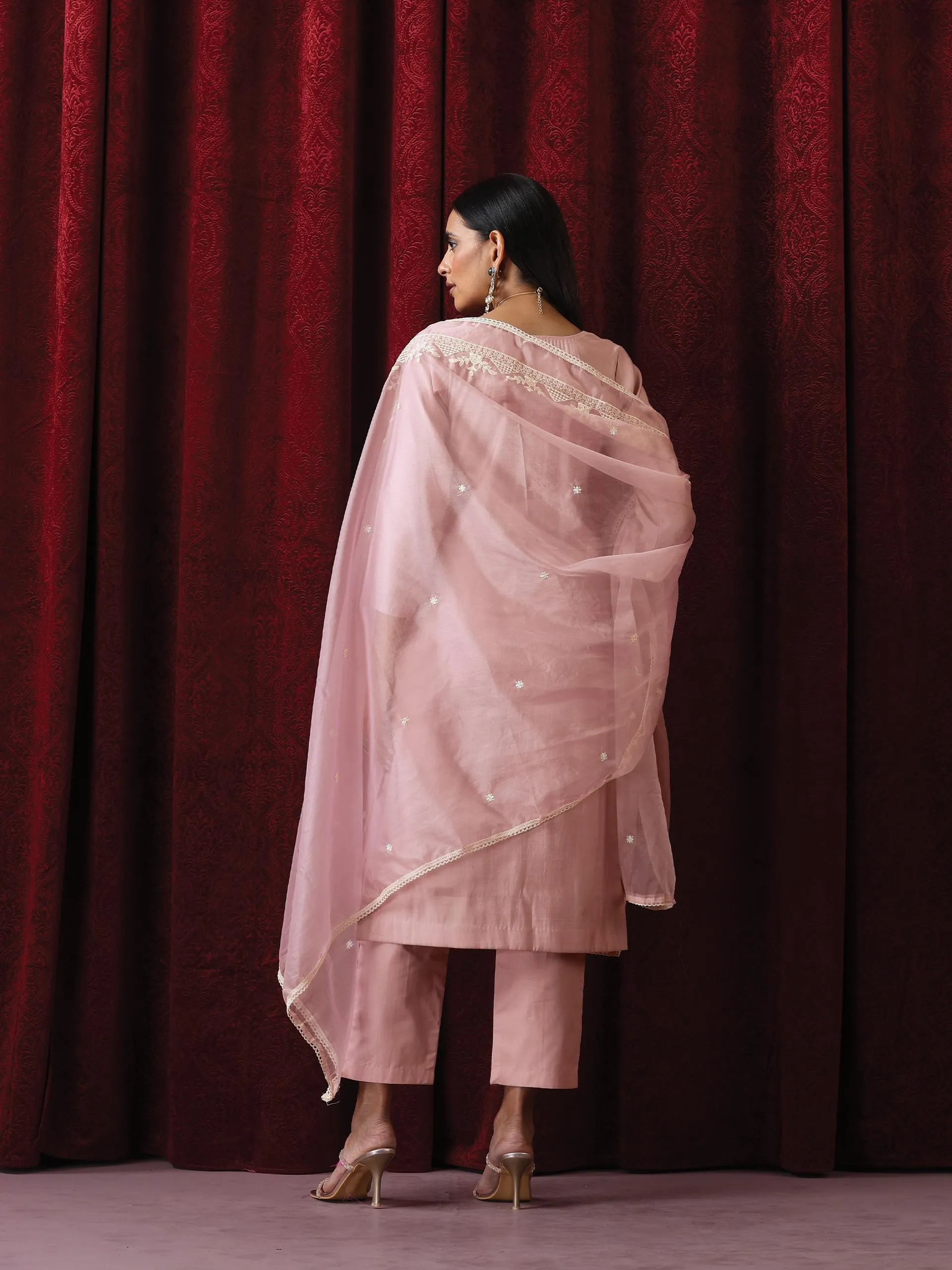 3 Pc Suit - Pink Cotton Silk Embroidered Kurta with Cotton Pant and Chanderi Embroidered Dupatta