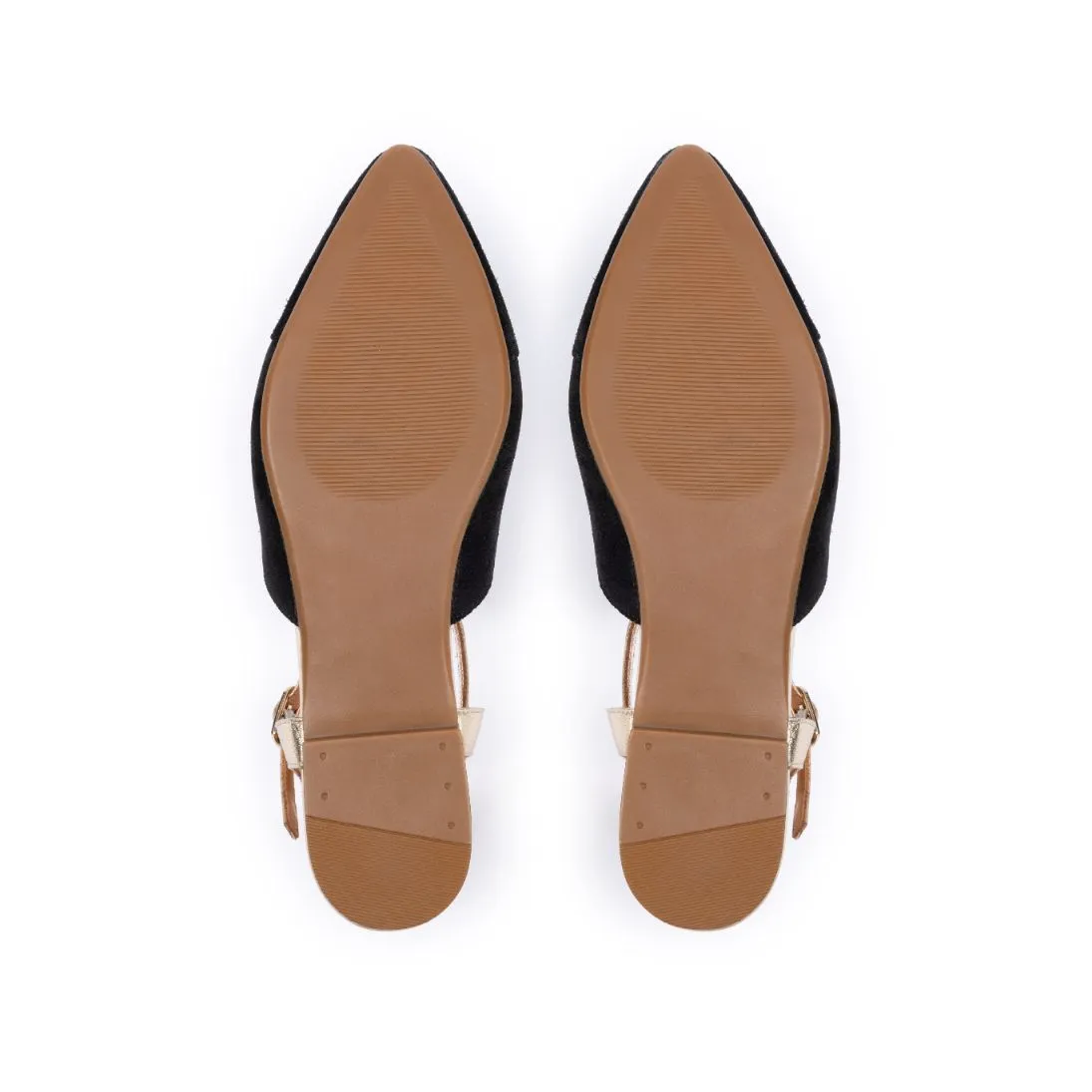 Anais: Black Suede & Gold Leather Pointed T-Bar Flats - Pre-Order (Dispatch w/c 24/03)