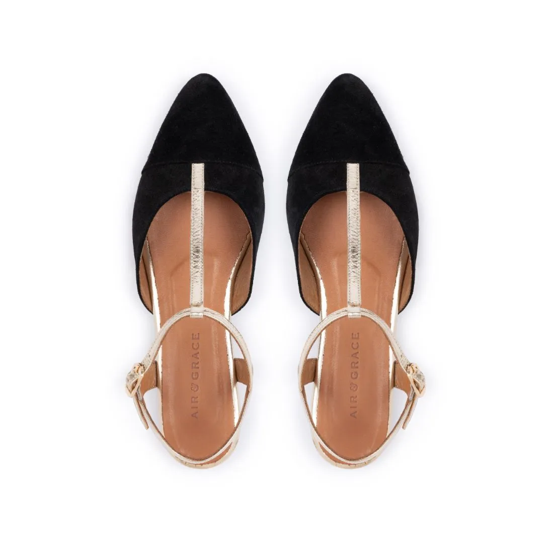 Anais: Black Suede & Gold Leather Pointed T-Bar Flats - Pre-Order (Dispatch w/c 24/03)
