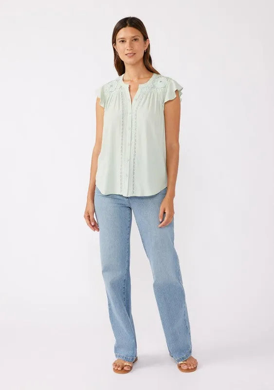 Angie Short Flutter Sleeve Button Down Embroidered Top Mint