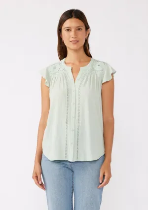 Angie Short Flutter Sleeve Button Down Embroidered Top Mint