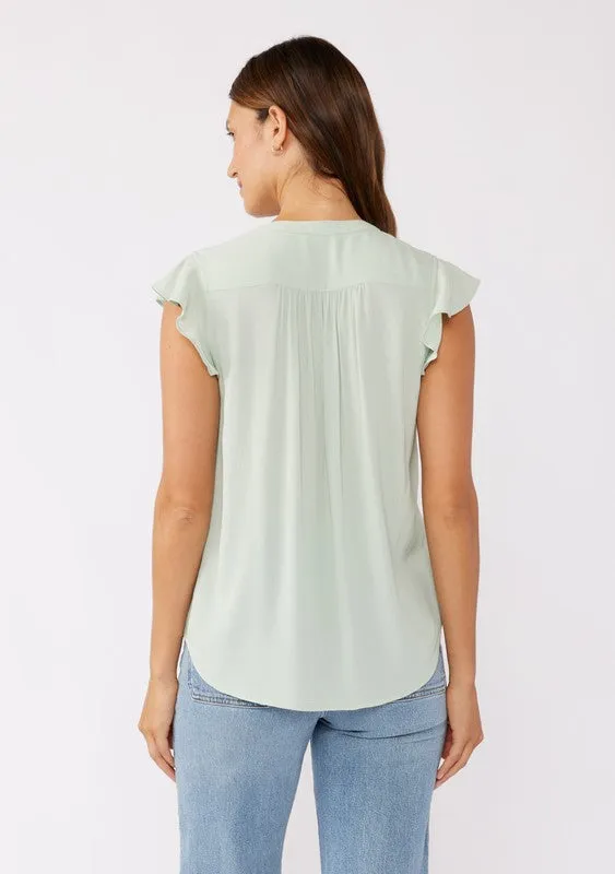 Angie Short Flutter Sleeve Button Down Embroidered Top Mint