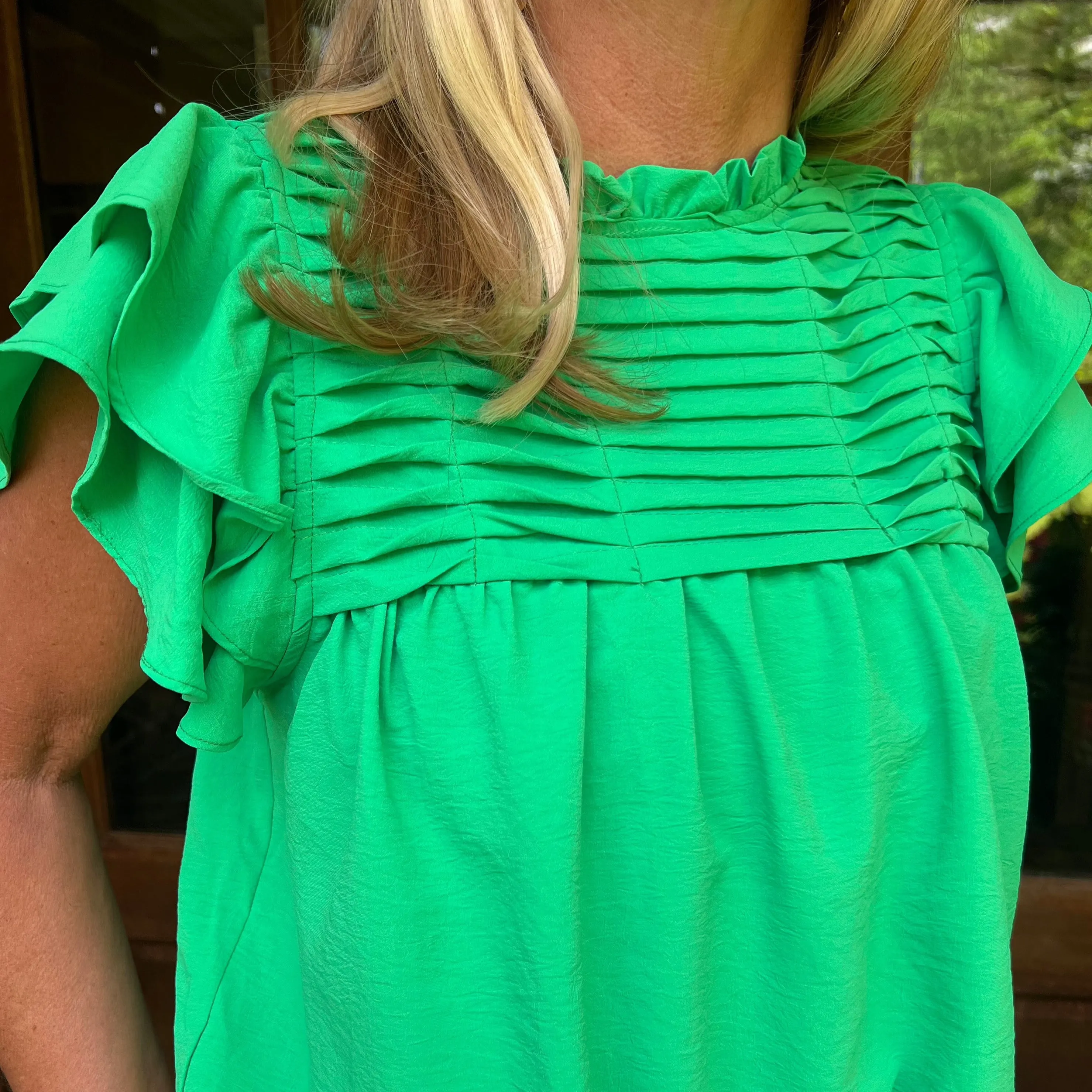 Belle Ruffle Sleeve Pleated Top | Green