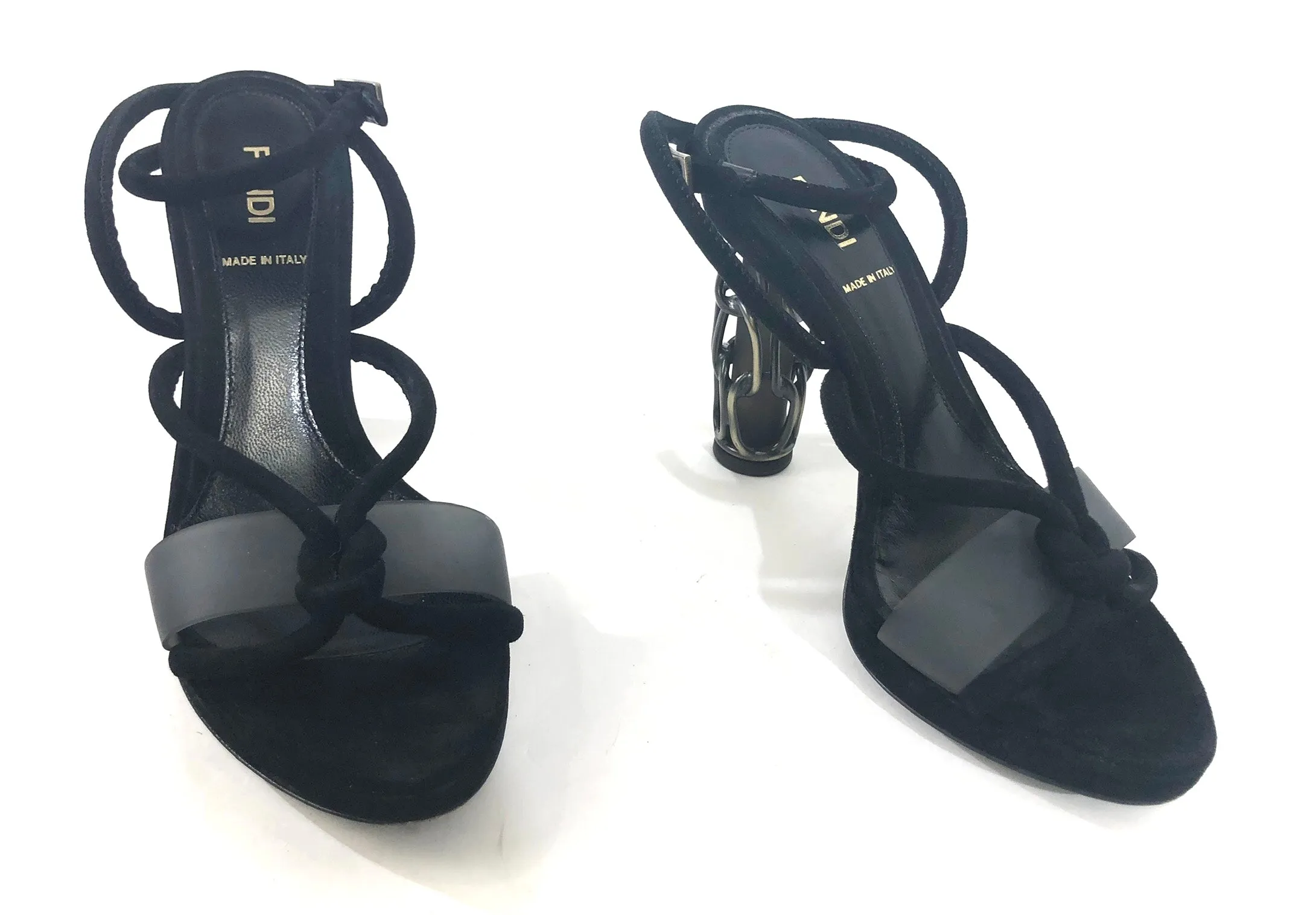 Black Suede with Chain Metal Covered Heel Sandal | Size US 6.5 - EU 36.5