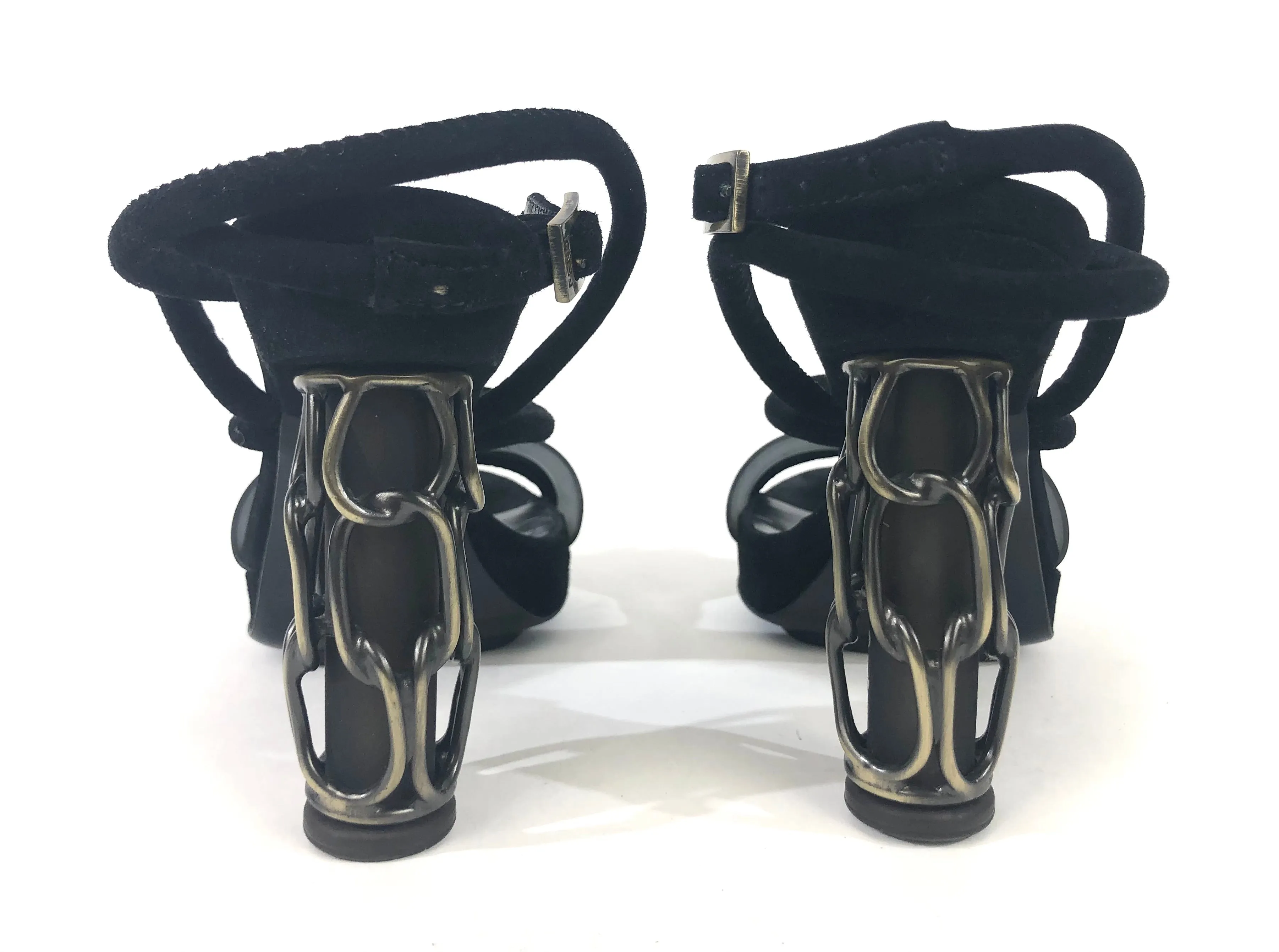 Black Suede with Chain Metal Covered Heel Sandal | Size US 6.5 - EU 36.5