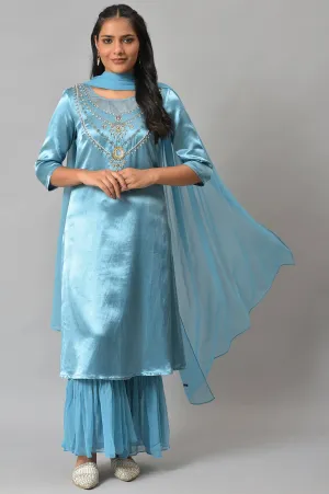Blue Embellished Mashroo Silk kurta With Garara And Dupatta