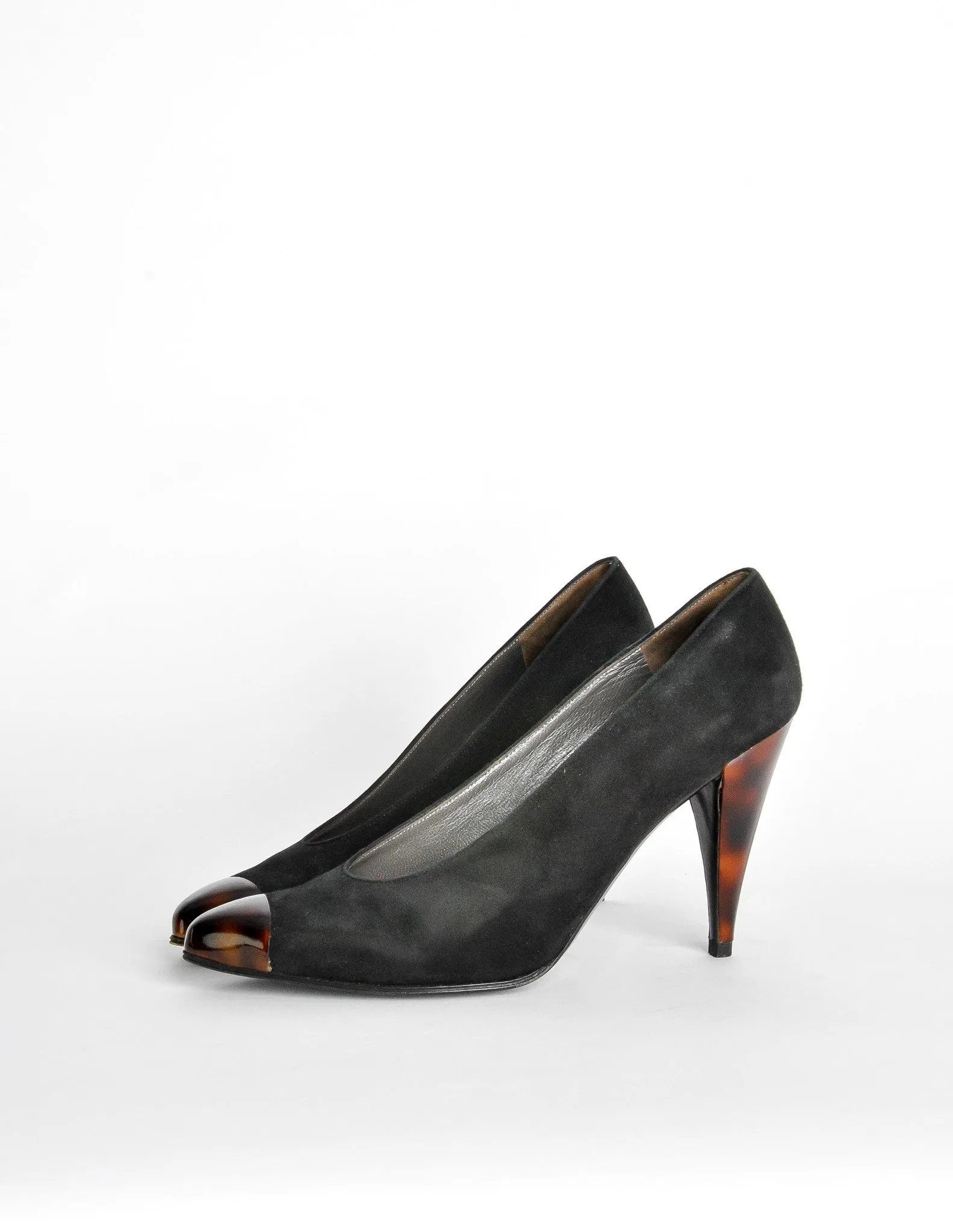 Charles Jourdan Vintage Toe Cap Black Suede Heels