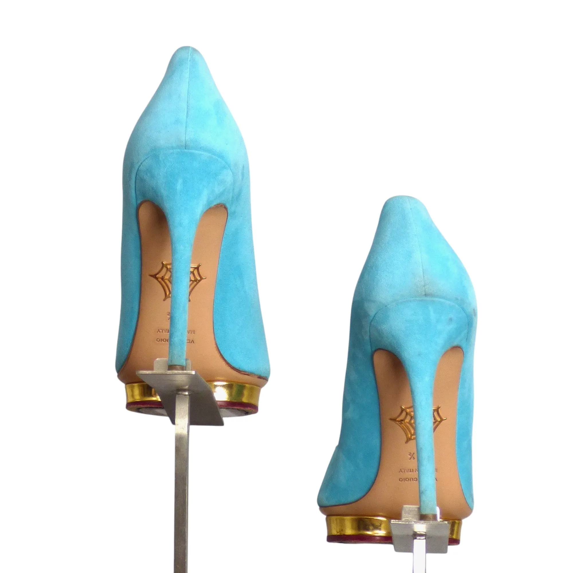 CHARLOTTE OLYMPIA- Aqua Suede Platform Pumps, Size 39.5