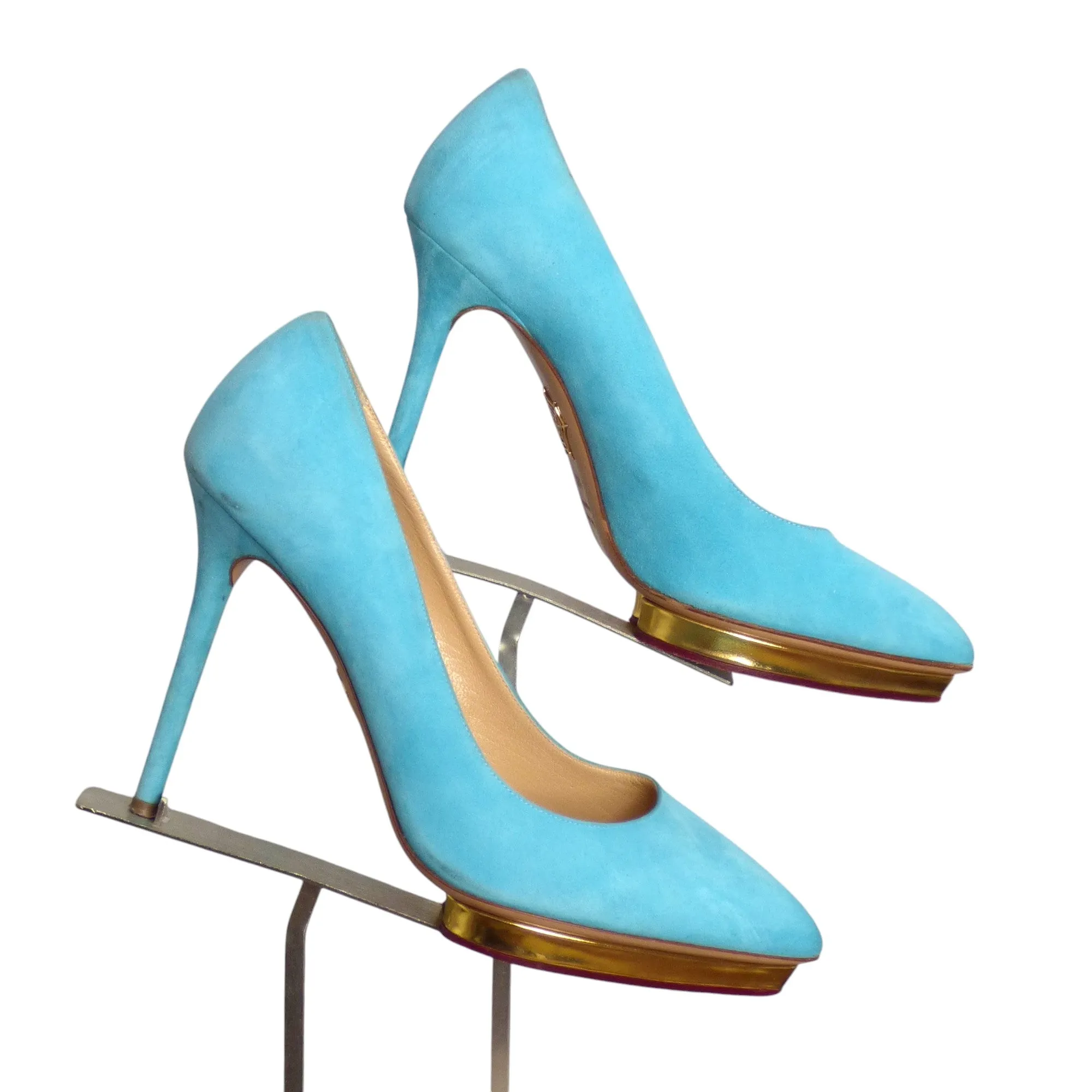 CHARLOTTE OLYMPIA- Aqua Suede Platform Pumps, Size 39.5