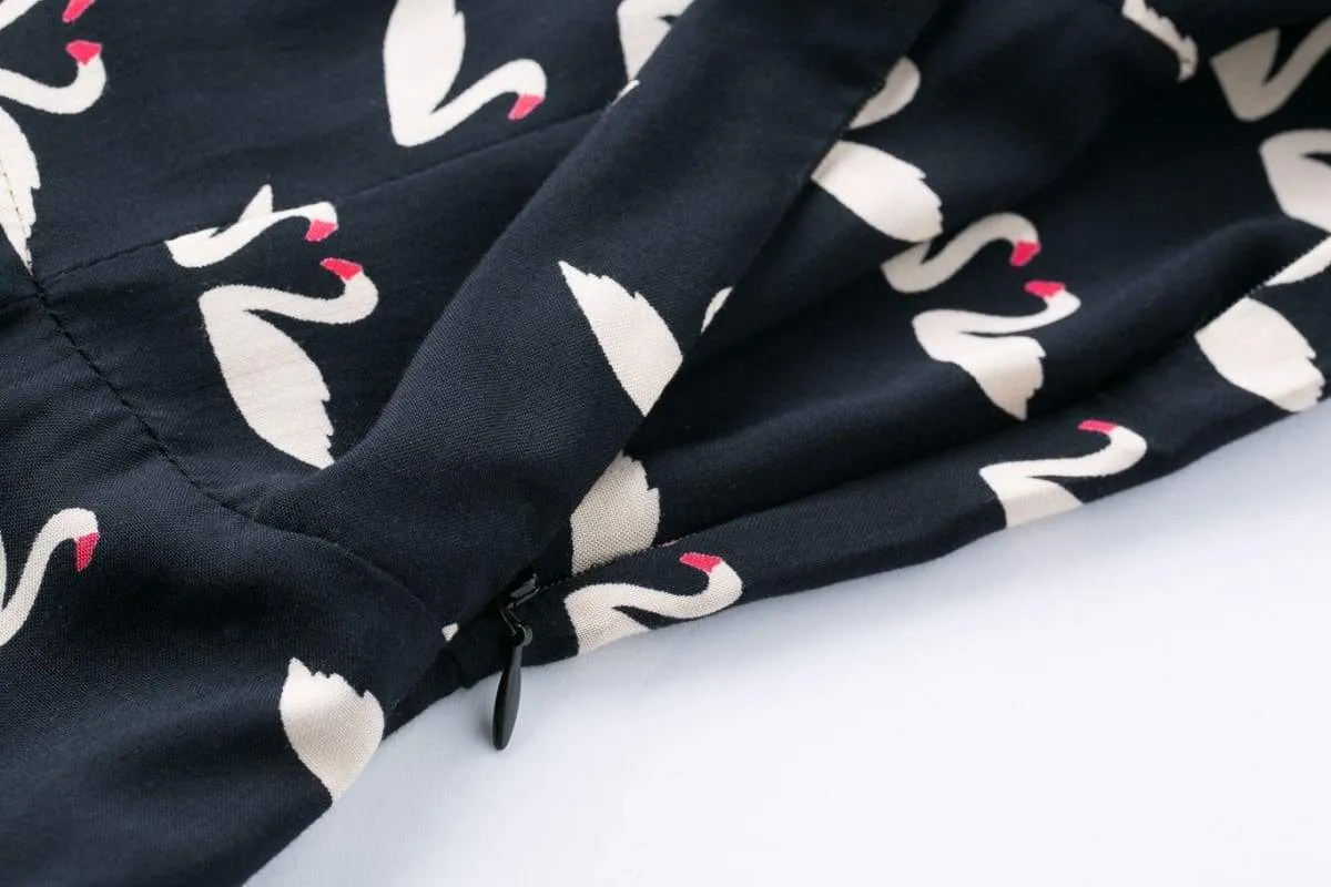 Dark Navy Swan Print Collared Cotton Rayon Vintage Dress