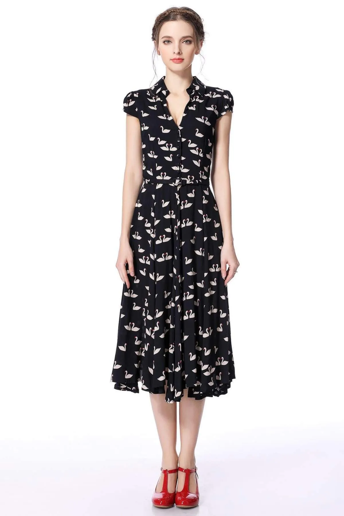 Dark Navy Swan Print Collared Cotton Rayon Vintage Dress