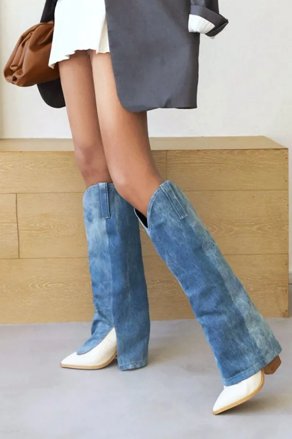 Denim Patchwork Unique Fold Over Block Boots