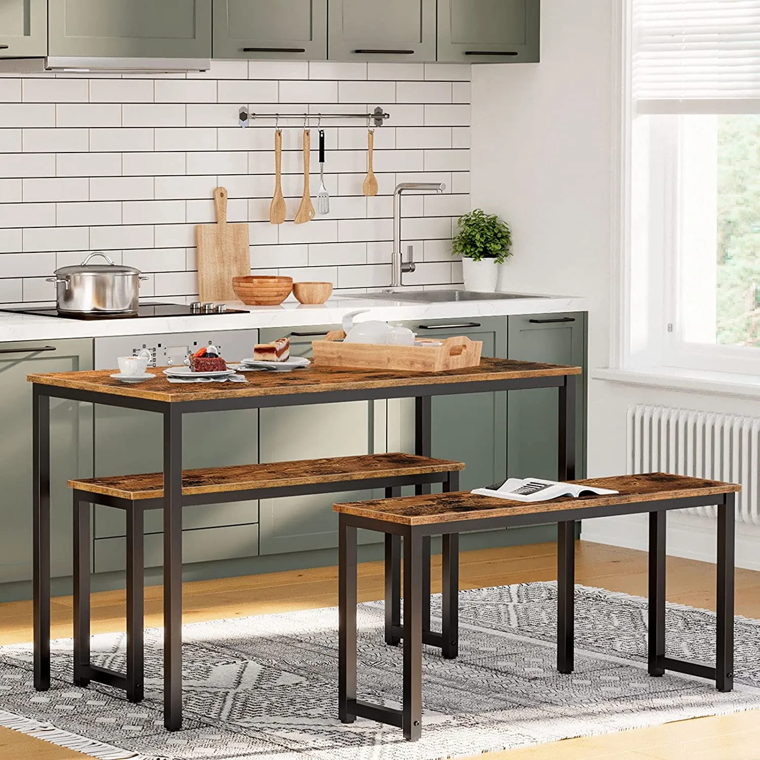 Dining Benches, Pair of 2 Benches, Industrial Style Indoor Benches, Durable Metal Frame