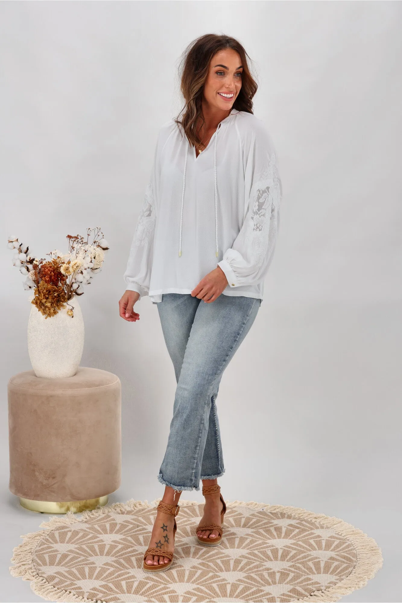 Fate Unholy Embroidered Sleeve Top White