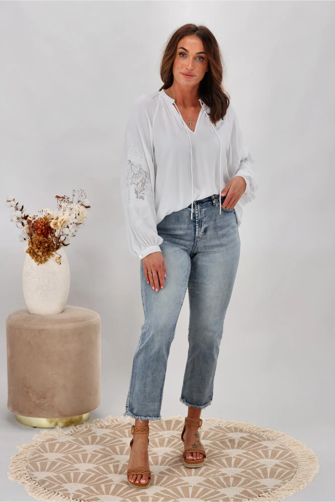 Fate Unholy Embroidered Sleeve Top White