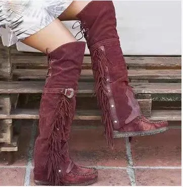 Faux Suede Fashion Bohemian Knee High Women's Boots Ethnic High Boot with Tassels Boots Flat Bottom Long Botas Black Brown Green Burgundy Beige EUR size 35-43