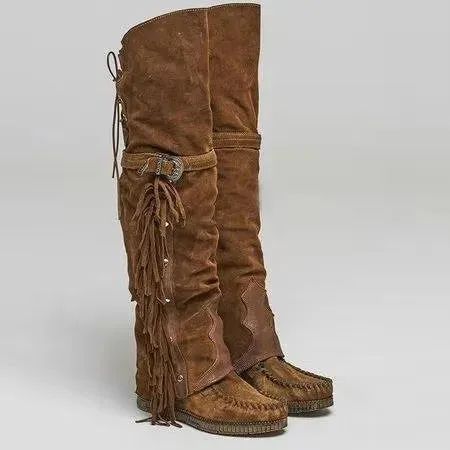 Faux Suede Fashion Bohemian Knee High Women's Boots Ethnic High Boot with Tassels Boots Flat Bottom Long Botas Black Brown Green Burgundy Beige EUR size 35-43