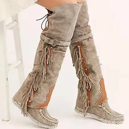 Faux Suede Fashion Bohemian Knee High Women's Boots Ethnic High Boot with Tassels Boots Flat Bottom Long Botas Black Brown Green Burgundy Beige EUR size 35-43
