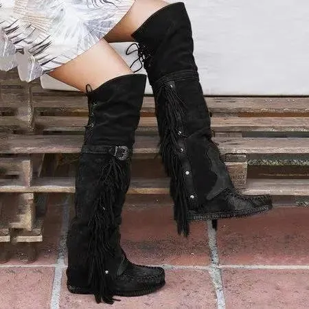 Faux Suede Fashion Bohemian Knee High Women's Boots Ethnic High Boot with Tassels Boots Flat Bottom Long Botas Black Brown Green Burgundy Beige EUR size 35-43