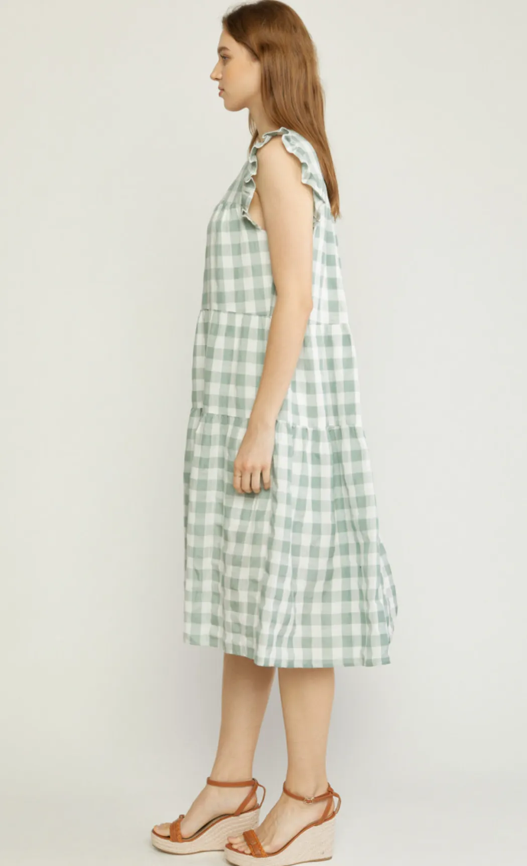 gingham print ruffle shoulder midi dress - pistachio