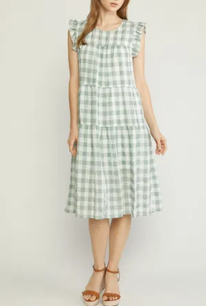 gingham print ruffle shoulder midi dress - pistachio