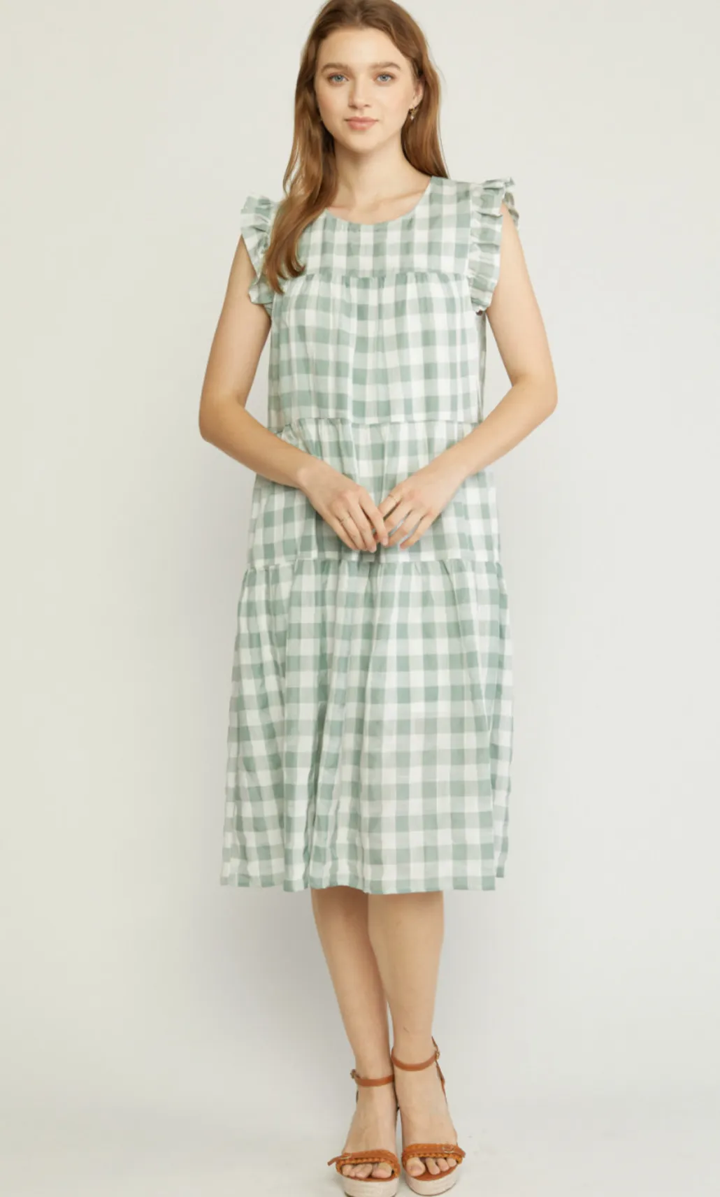 gingham print ruffle shoulder midi dress - pistachio
