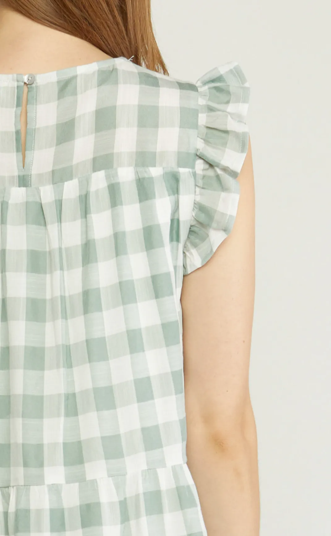 gingham print ruffle shoulder midi dress - pistachio