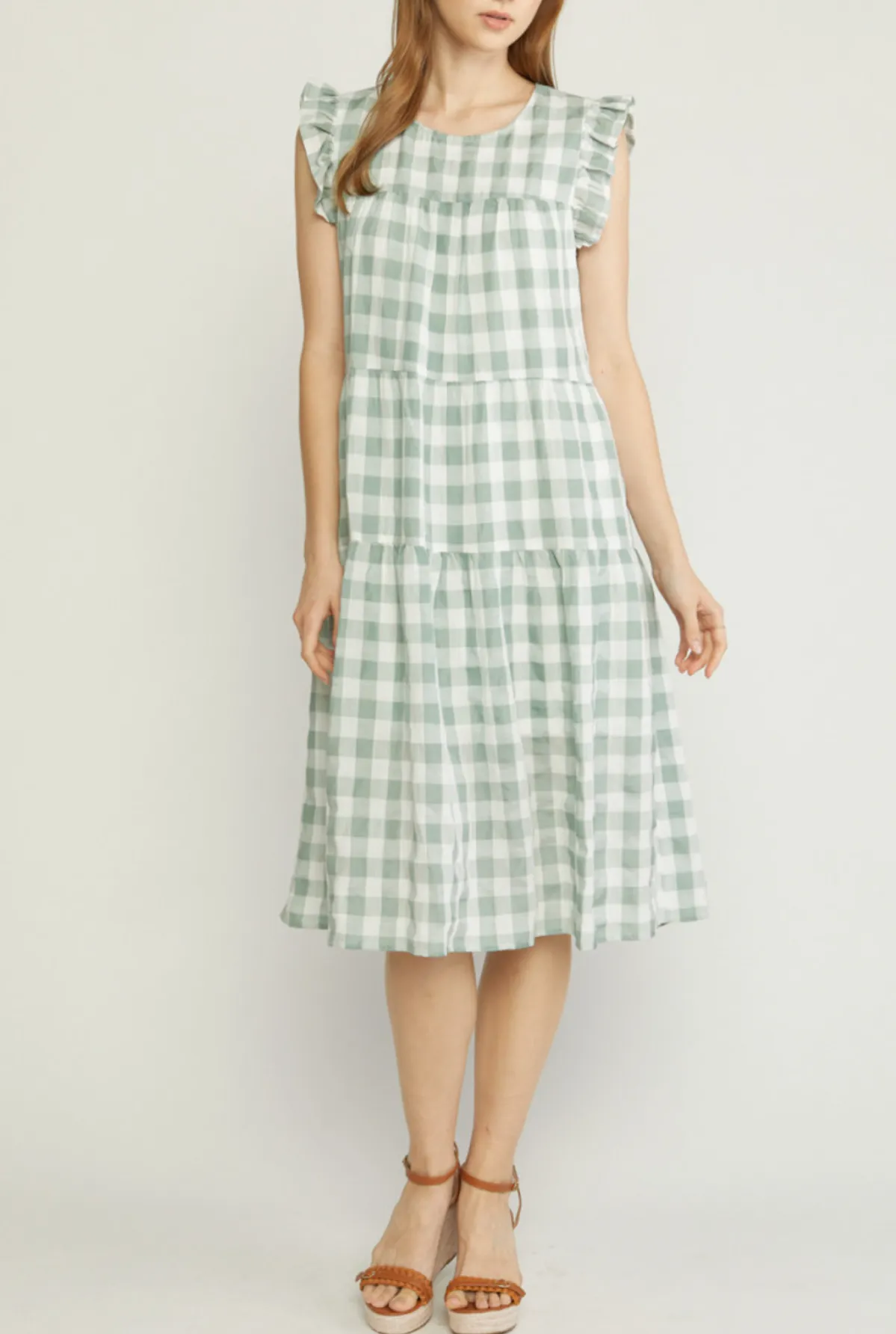 gingham print ruffle shoulder midi dress - pistachio