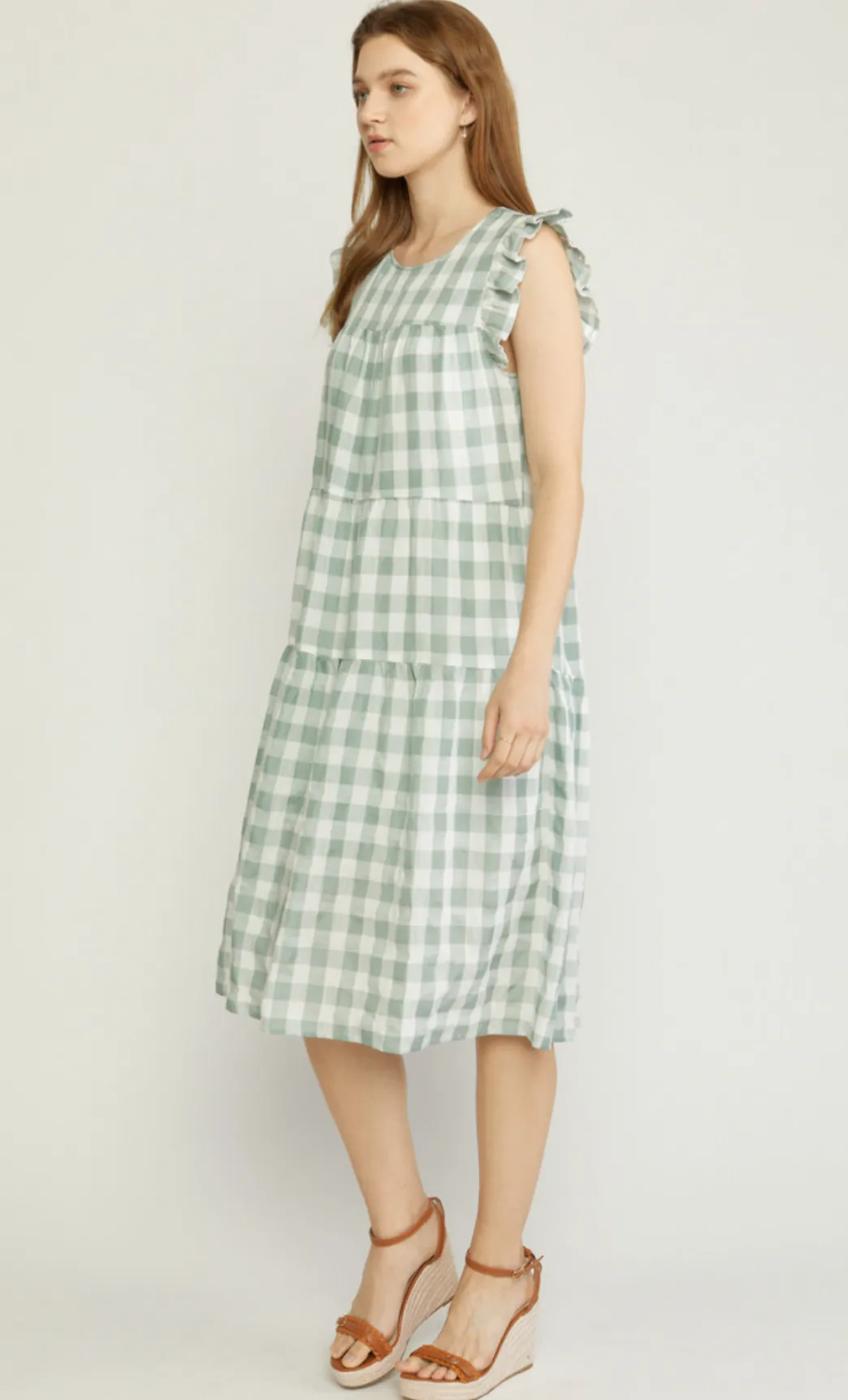 gingham print ruffle shoulder midi dress - pistachio