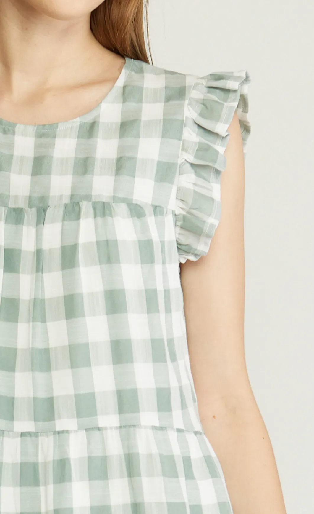gingham print ruffle shoulder midi dress - pistachio