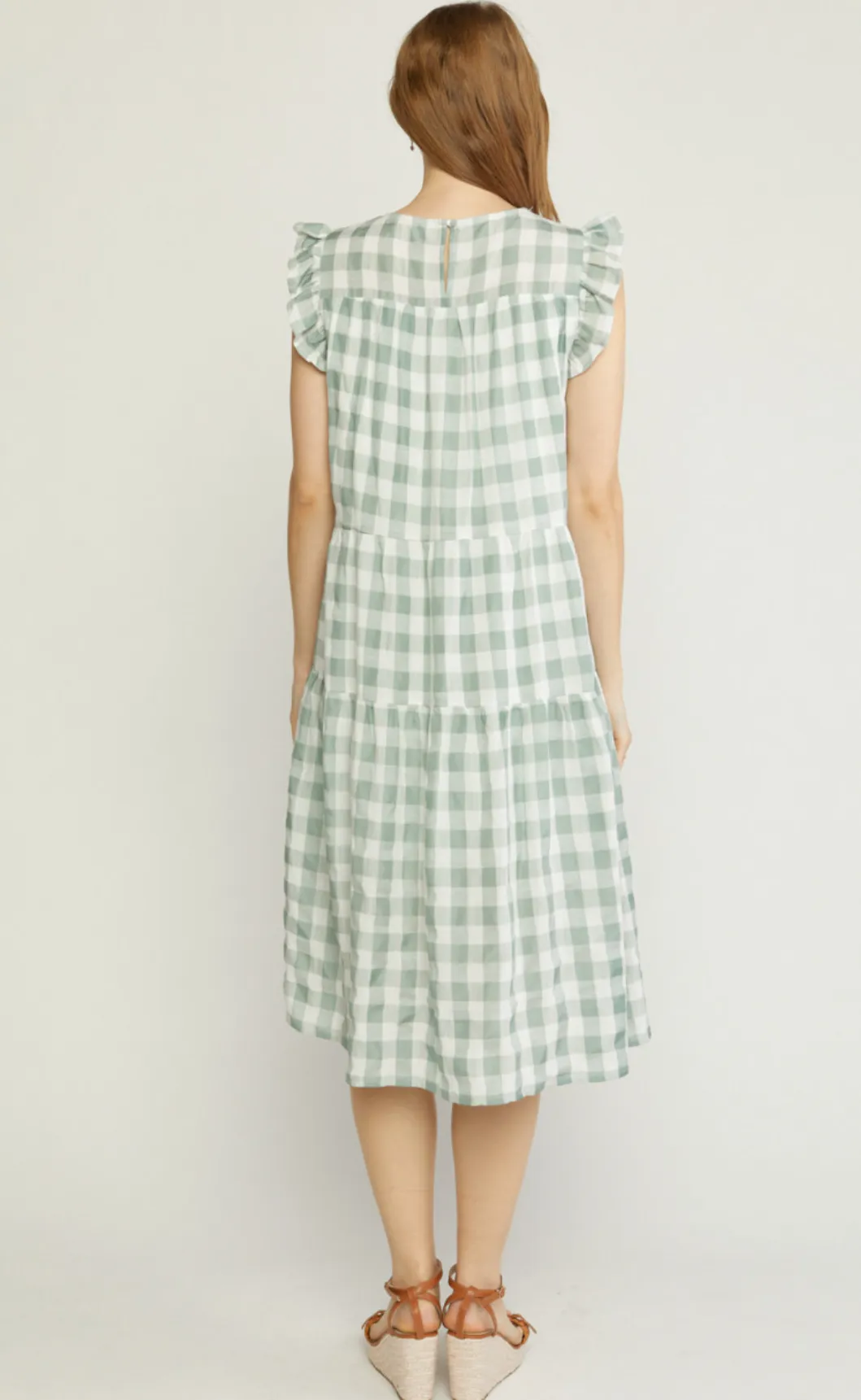 gingham print ruffle shoulder midi dress - pistachio