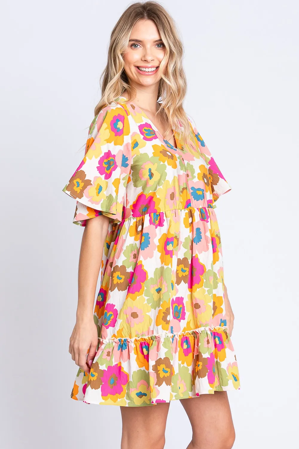 Hazel Blues® |  GeeGee Floral V-Neck Ruffle Hem Mini Dress