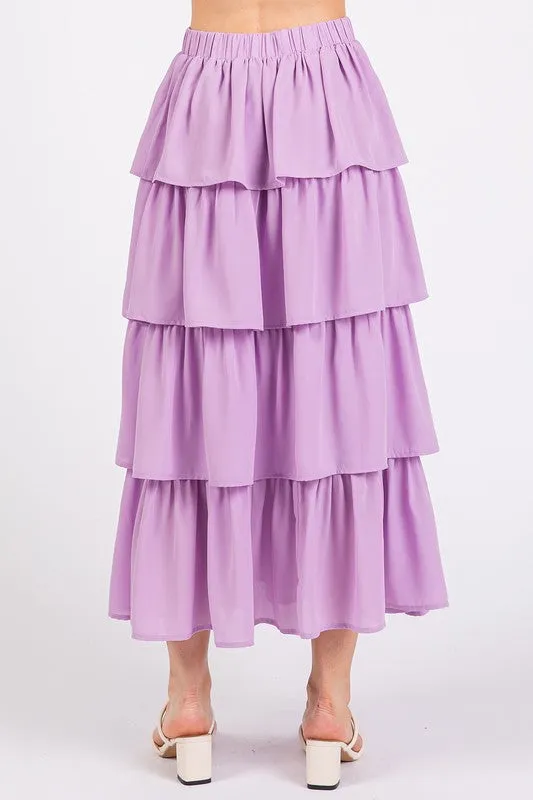Lavender Chiffon Ruffle Layer Elastic Waist Midi Skirt