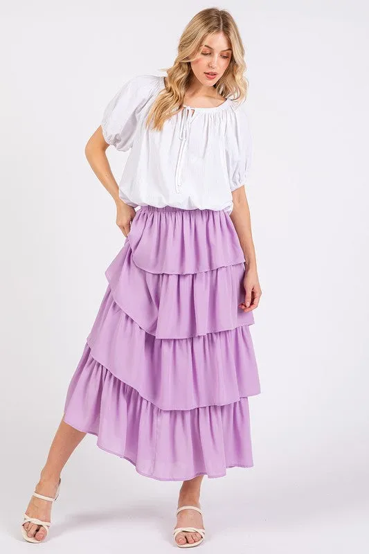 Lavender Chiffon Ruffle Layer Elastic Waist Midi Skirt