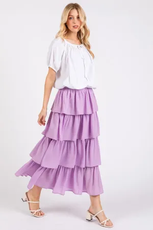 Lavender Chiffon Ruffle Layer Elastic Waist Midi Skirt