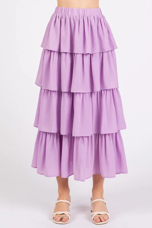 Lavender Chiffon Ruffle Layer Elastic Waist Midi Skirt