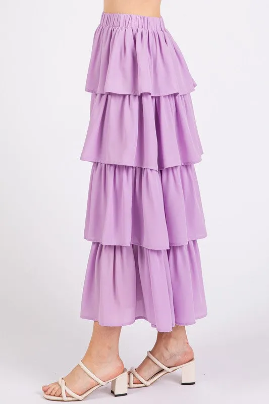 Lavender Chiffon Ruffle Layer Elastic Waist Midi Skirt