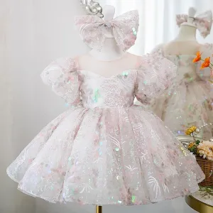 Light Pink Flower Girl Dress with Sequin Embellishments and Puffy Sleeves - Plus Size