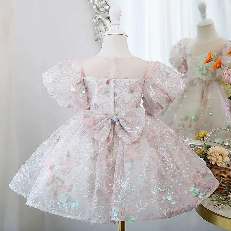 Light Pink Flower Girl Dress with Sequin Embellishments and Puffy Sleeves - Plus Size