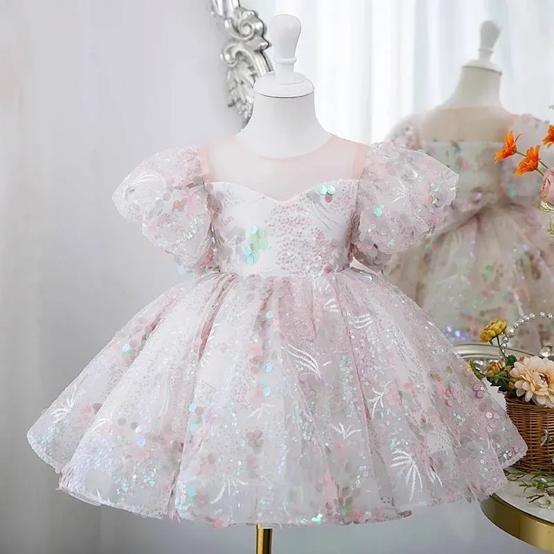 Light Pink Flower Girl Dress with Sequin Embellishments and Puffy Sleeves - Plus Size