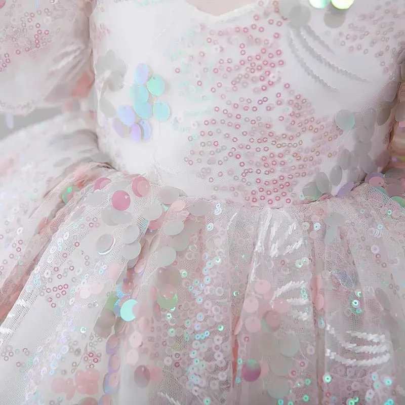 Light Pink Flower Girl Dress with Sequin Embellishments and Puffy Sleeves - Plus Size
