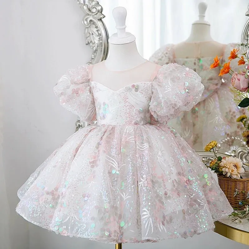 Light Pink Flower Girl Dress with Sequin Embellishments and Puffy Sleeves - Plus Size