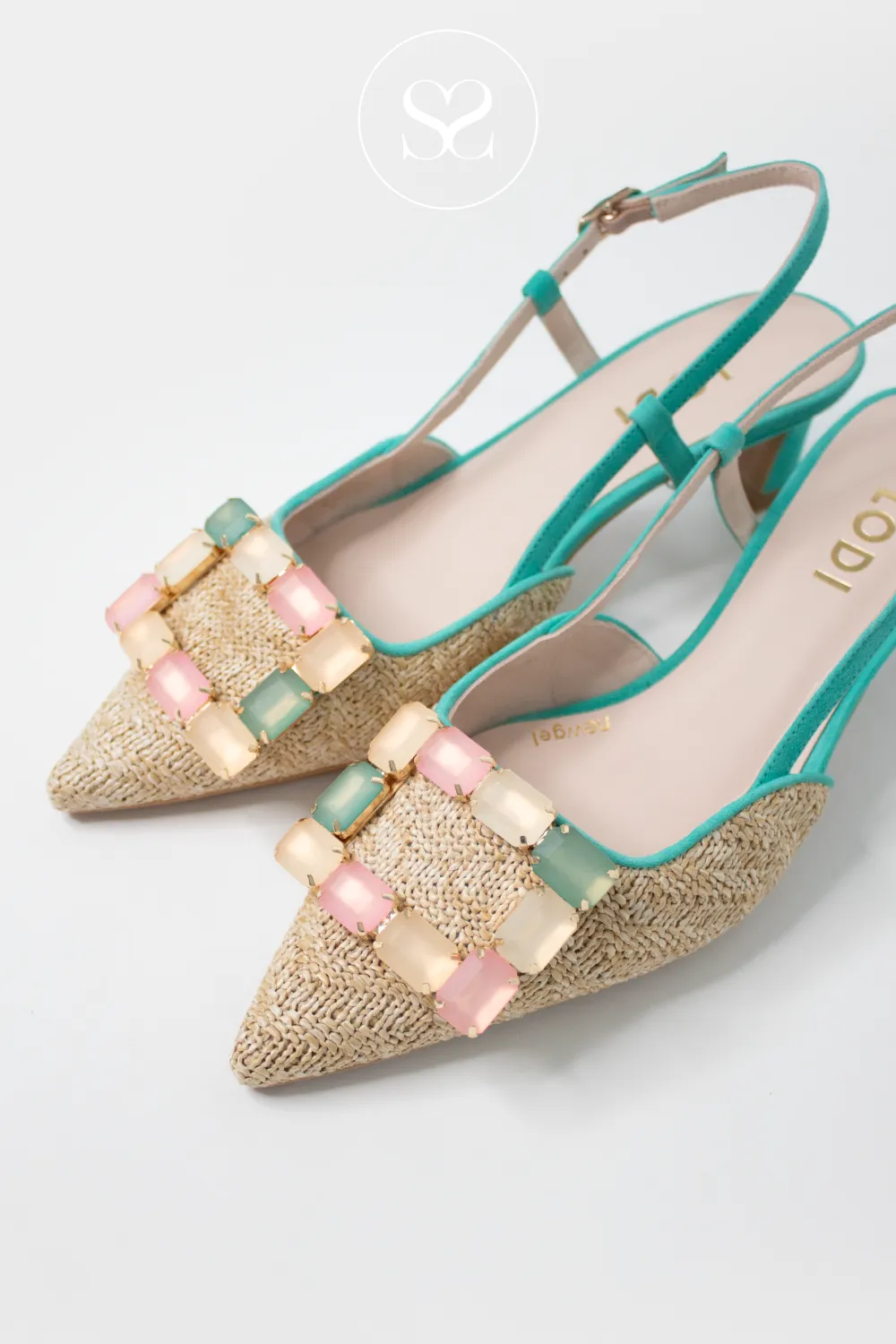 LODI CHIMANE - GREEN & NATURAL WOVEN SLINGBACK KITTEN HEEL