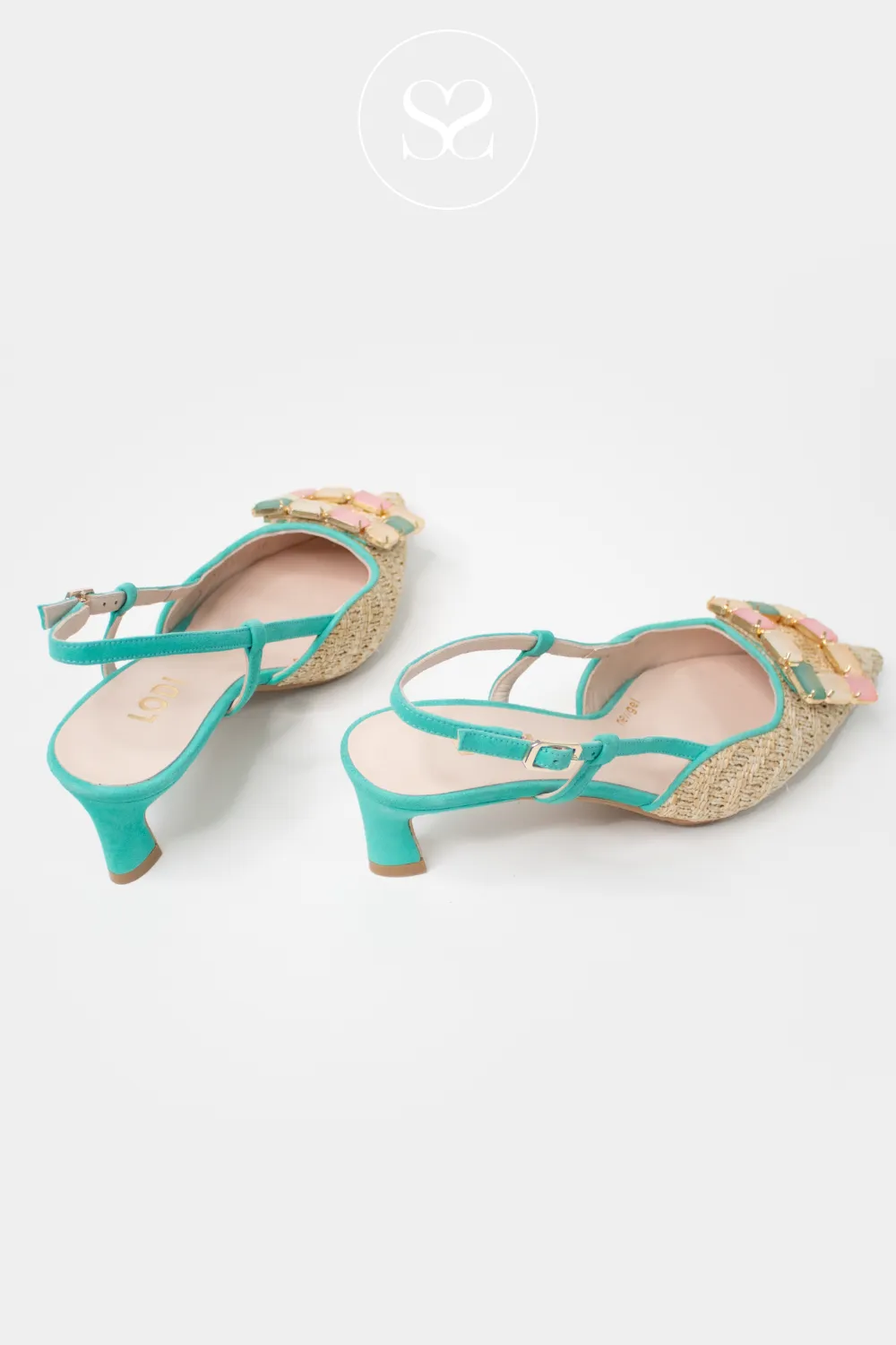 LODI CHIMANE - GREEN & NATURAL WOVEN SLINGBACK KITTEN HEEL