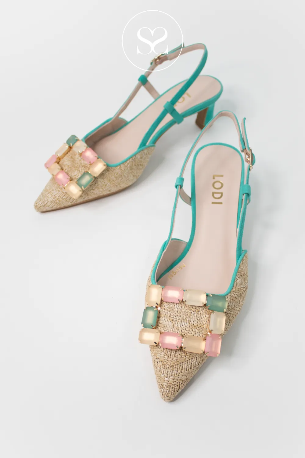 LODI CHIMANE - GREEN & NATURAL WOVEN SLINGBACK KITTEN HEEL